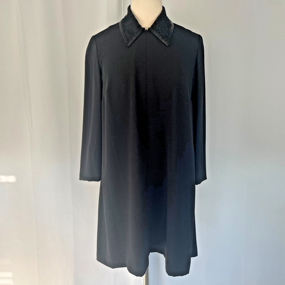 Vtg Coat Dress Plus Size 14W Black Solid Beaded Collar Zip Minimal Academia 90s